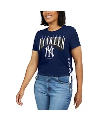 Women's Wear by Erin Andrews Navy New York Yankees Side Lace-Up Cropped T-shirt
