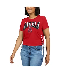 Women's Wear by Erin Andrews Red Los Angeles Angels Side Lace-Up Cropped T-shirt