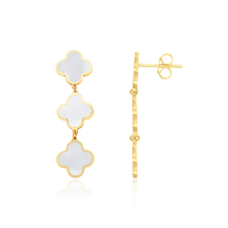 The Lovery Mother of Pearl Clover Dangle Earrings 14K Gold 1.25 inches