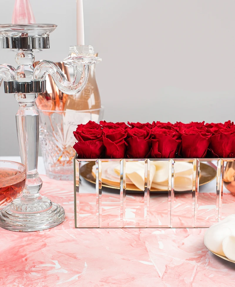 Rose Box Nyc Half Ball of Red Flame Long Lasting Preserved Real Roses in Large Modern Mirrored Centerpiece Vase, 27 Roses