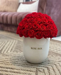 Rose Box Nyc Half Ball of Red Flame Long Lasting Preserved Real Roses in Premium Ceramic Vase, 50-55 Roses