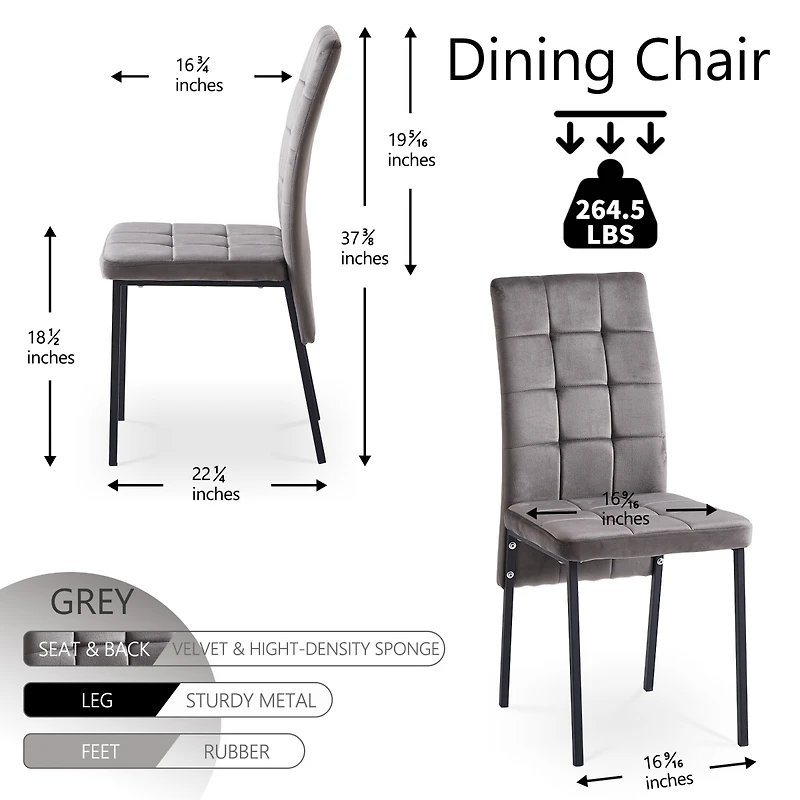 Streamdale Furniture Grey Velvet High Back Nordic Dining Chair Modern Fabric Chair with Black Legs, Set Of 4