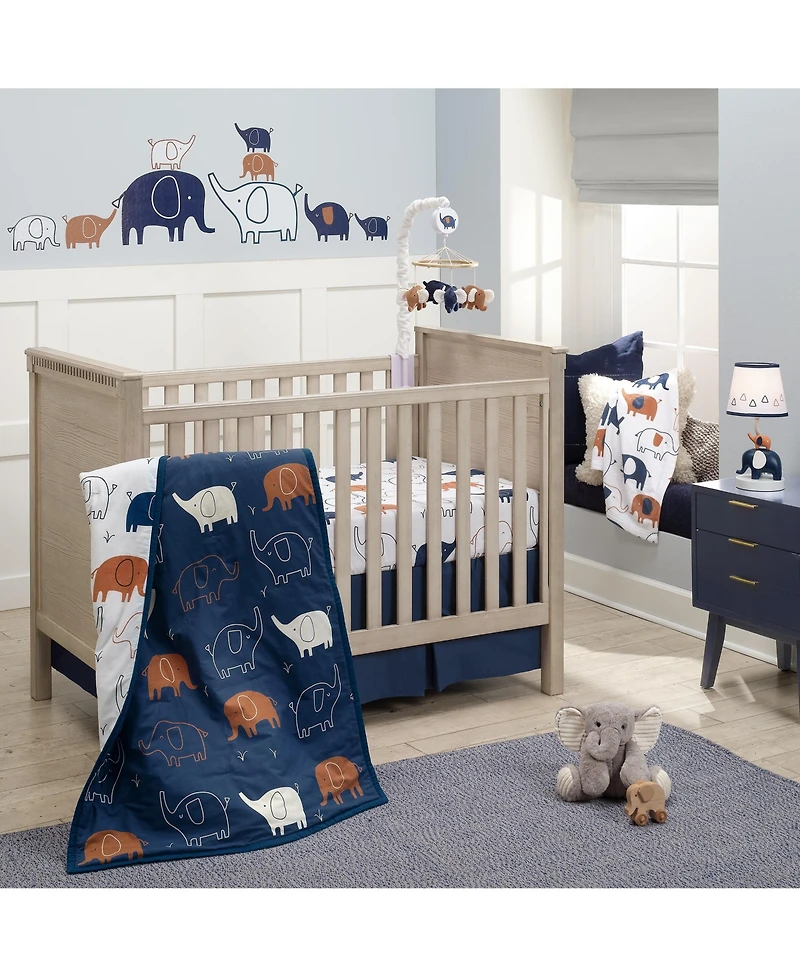 Lambs & Ivy Playful Elephant Blue/White Cotton 3-Piece Baby Crib Bedding Set
