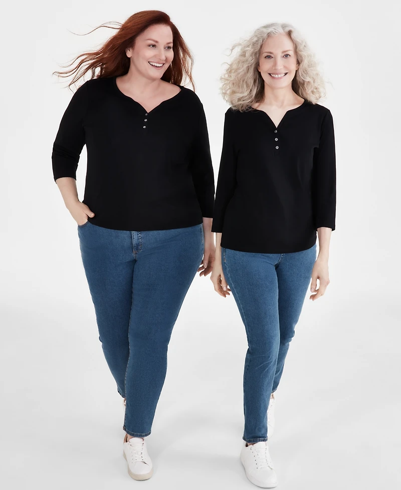 Style & Co Women's Cotton 3/4-Sleeve Henley Tee, Created for Macy's