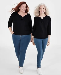 Style & Co Women's Cotton 3/4-Sleeve Henley Tee, Created for Macy's