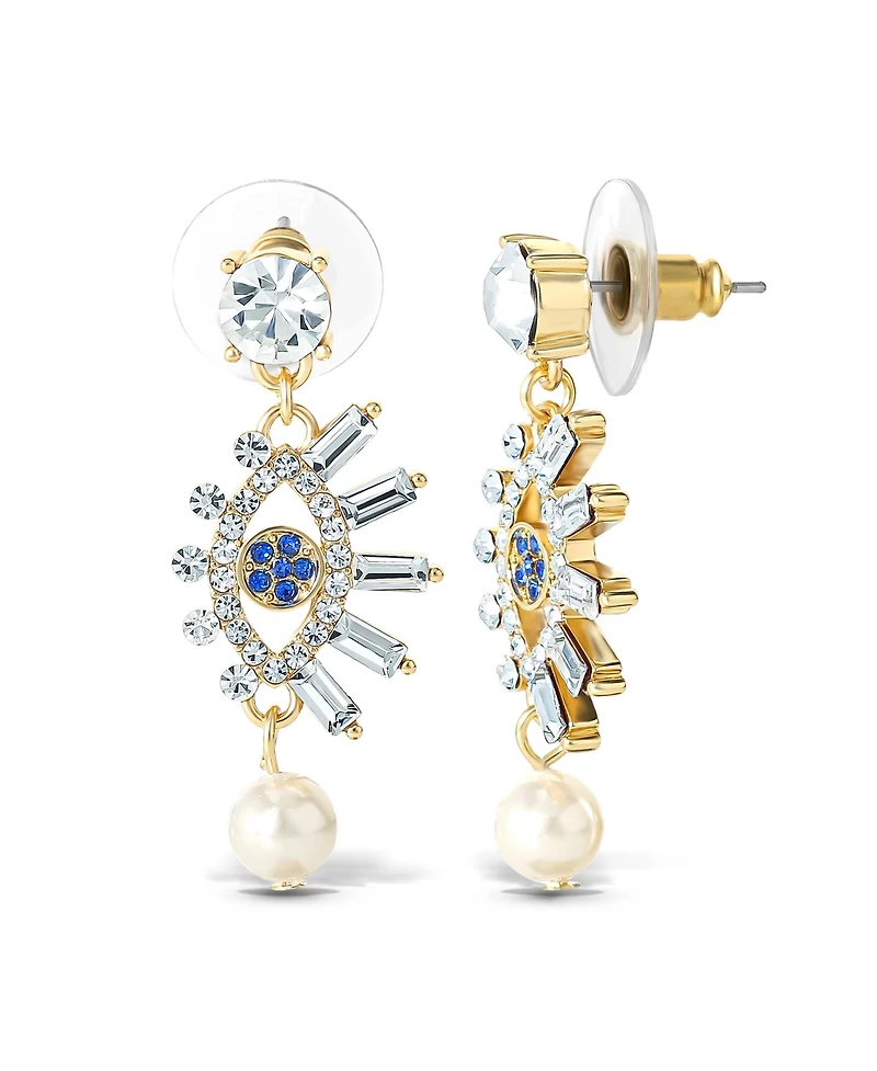 Jessica Simpson Womens Evil Eye Dangle Earrings - Gold-Tone Evil Eye Earrings with Pearl and Rhinestones