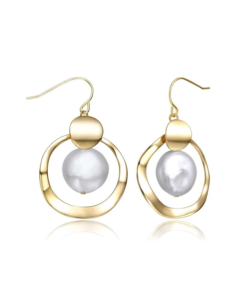 Genevive Sterling Silver 14k Yellow Gold Plated with White Freshwater Pearl Concentric Halo Dangle Drop Earrings