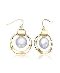 Genevive Sterling Silver 14k Yellow Gold Plated with White Freshwater Pearl Concentric Halo Dangle Drop Earrings