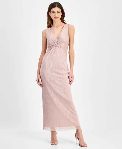 Connected Petite Metallic V-Neck Twist-Front Gown