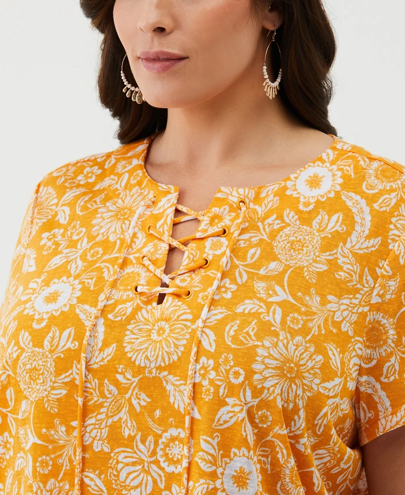 Ella Rafaella Plus Paisley Print Lace-Up Short Sleeve Tee Shirt