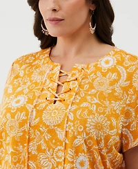 Ella Rafaella Plus Paisley Print Lace-Up Short Sleeve Tee Shirt