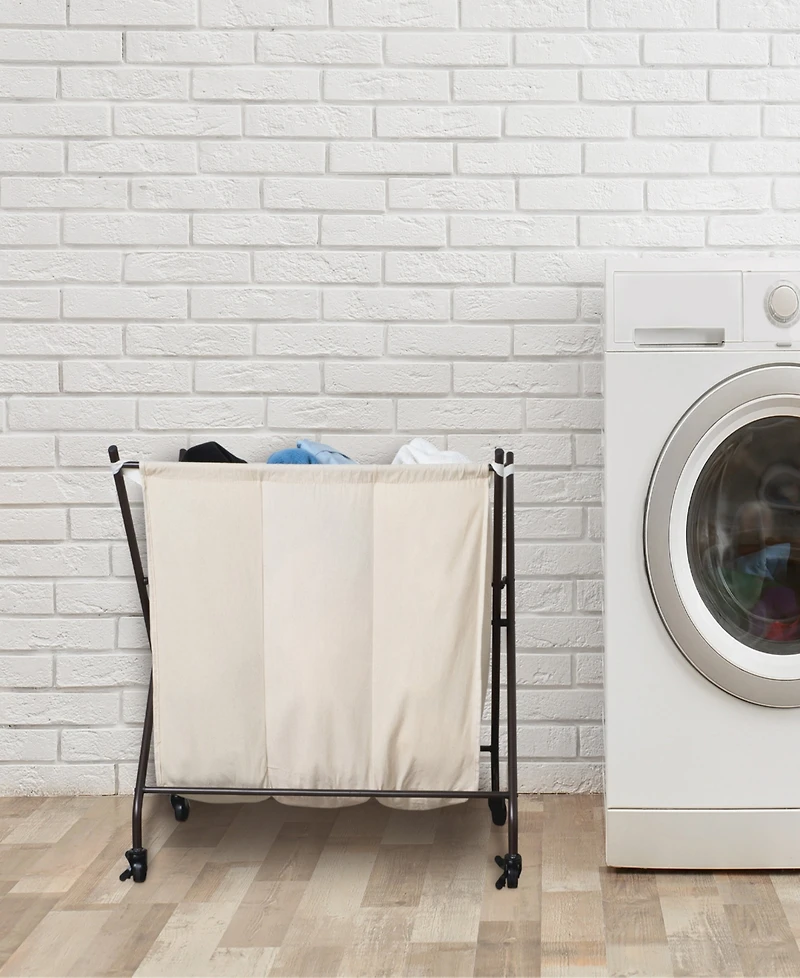 Smart Design Premium 3 Compartment Rolling Canvas Laundry Sorter Hamper with Wheels and Handles