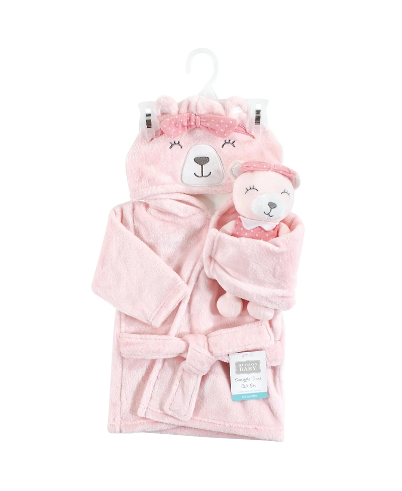 Hudson Baby Infant Girl Plush Bathrobe and Toy Set