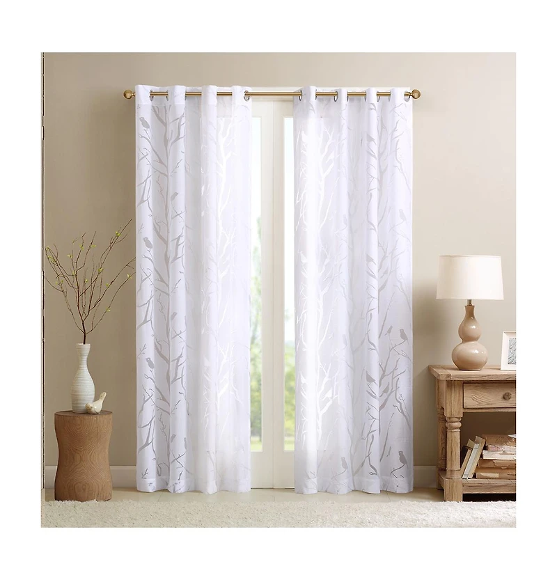 Madison Park Averil Grommet Top Sheer Window Curtain, grey sheer curtains 95 inches long Single Curtain, Width 50 Bird on Branches Burnout curtains sh