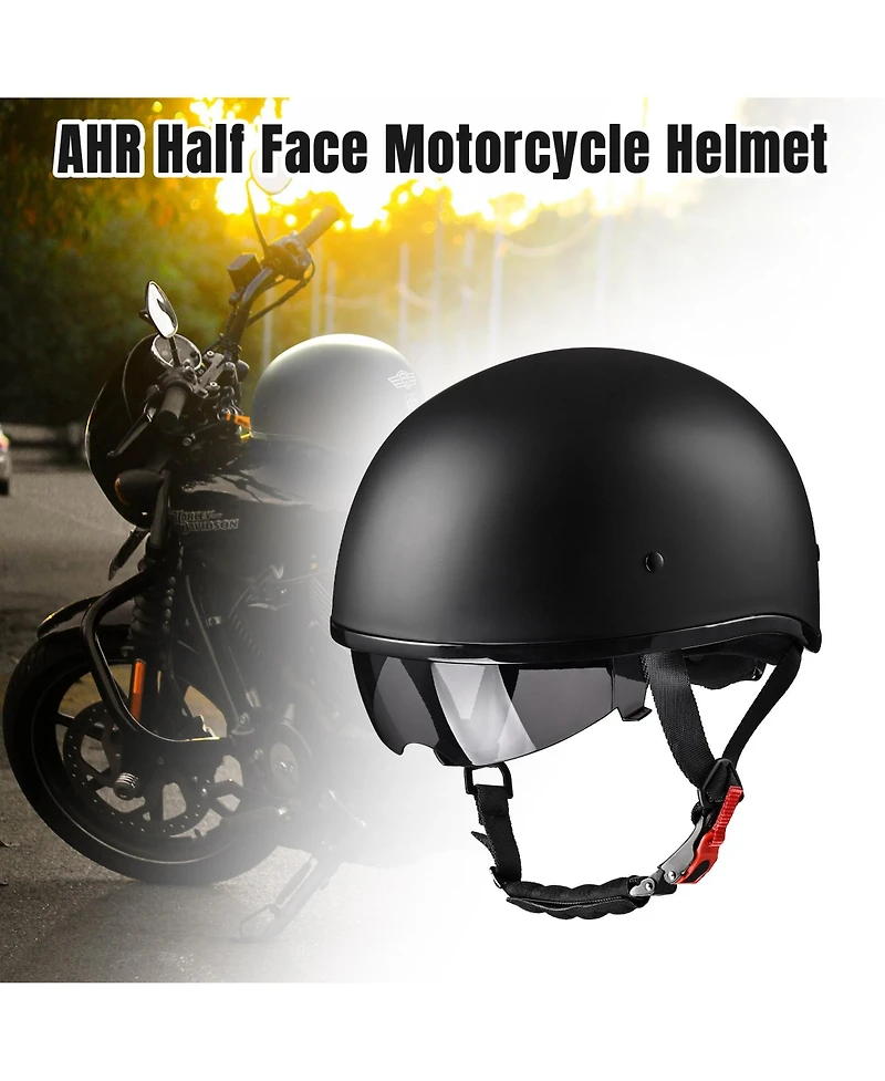 Ahr Half Face Motorcycle Helmet Sun Visor Dot Approved Bike Chopper Matte Black
