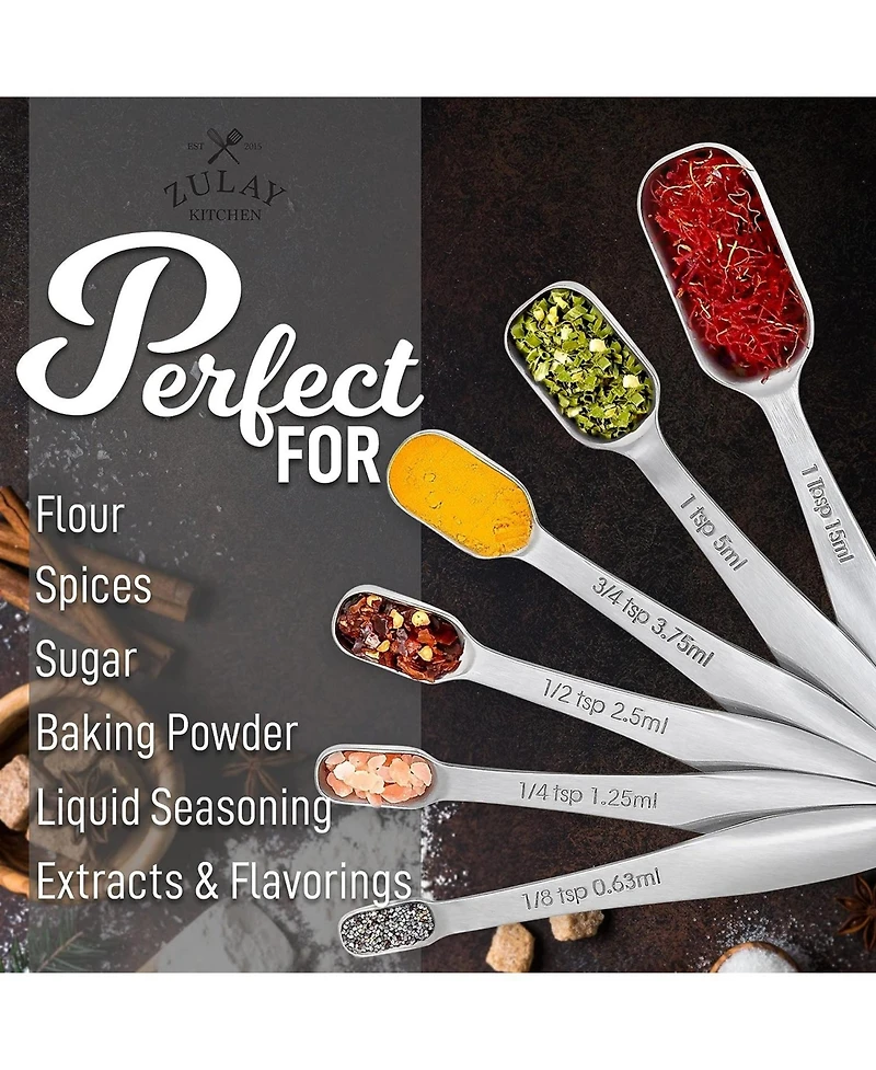 Zulay Kitchen Stainless Steel Measuring Spoons Set - Rectangular Metal Measuring Spoons with Slim Design for Narrow Spice Jars
