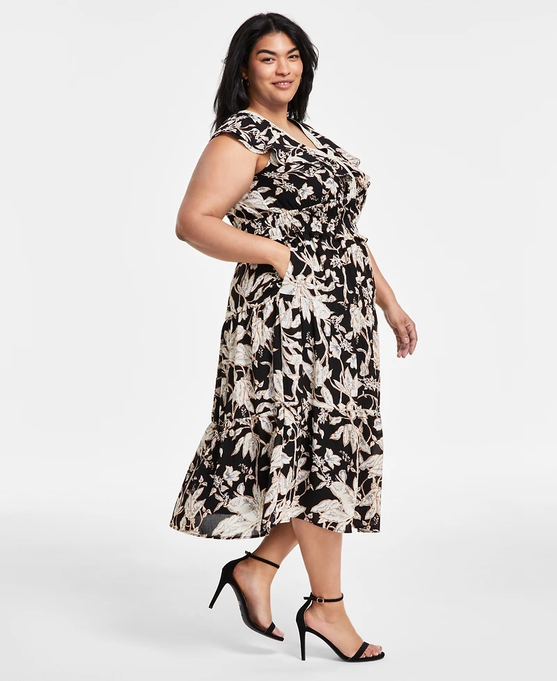 Tahari Plus Size Printed V-Neck Fit & Flare Dress