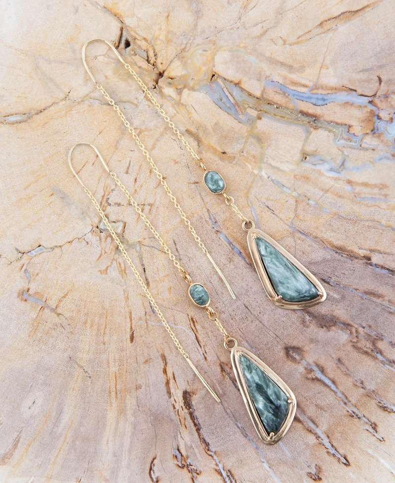 Barse Threader Genuine Green Seraphinite Golden Bronze Abstract Drop Earrings