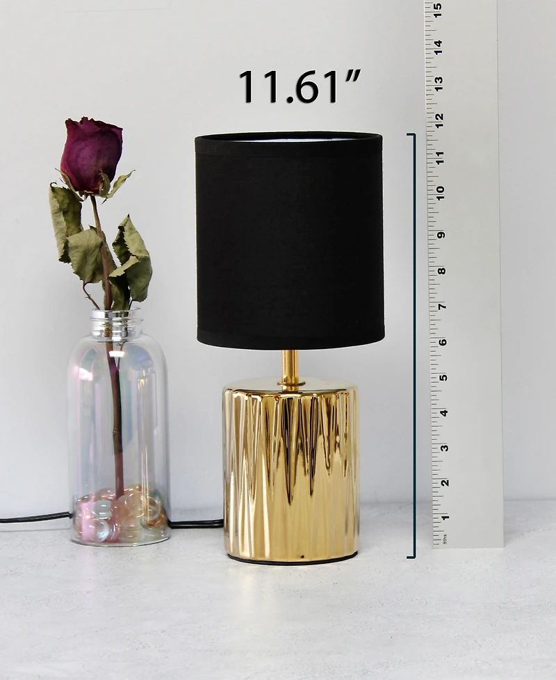 Simple Designs 11.61" Tall Contemporary Ruffled Metallic Gold Capsule Bedside Table Desk Lamp with Black Drum Fabric Shade