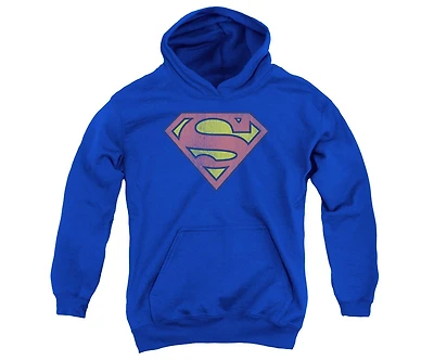 Superman Boys Dc Comics Youth Retro Supes Logo Distressed Pull Over Hoodie / Hooded Sweatshirt