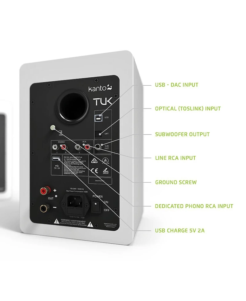Kanto Tuk Premium Powered Bookshelf Speakers with Headphone Out, Usb Dac, Dedicated Phono Pre-amp, & Bluetooth - Pair