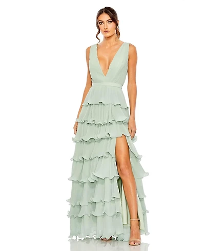 Mac Duggal Women's Sleeveless Ruffle Tiered V Neck Gown