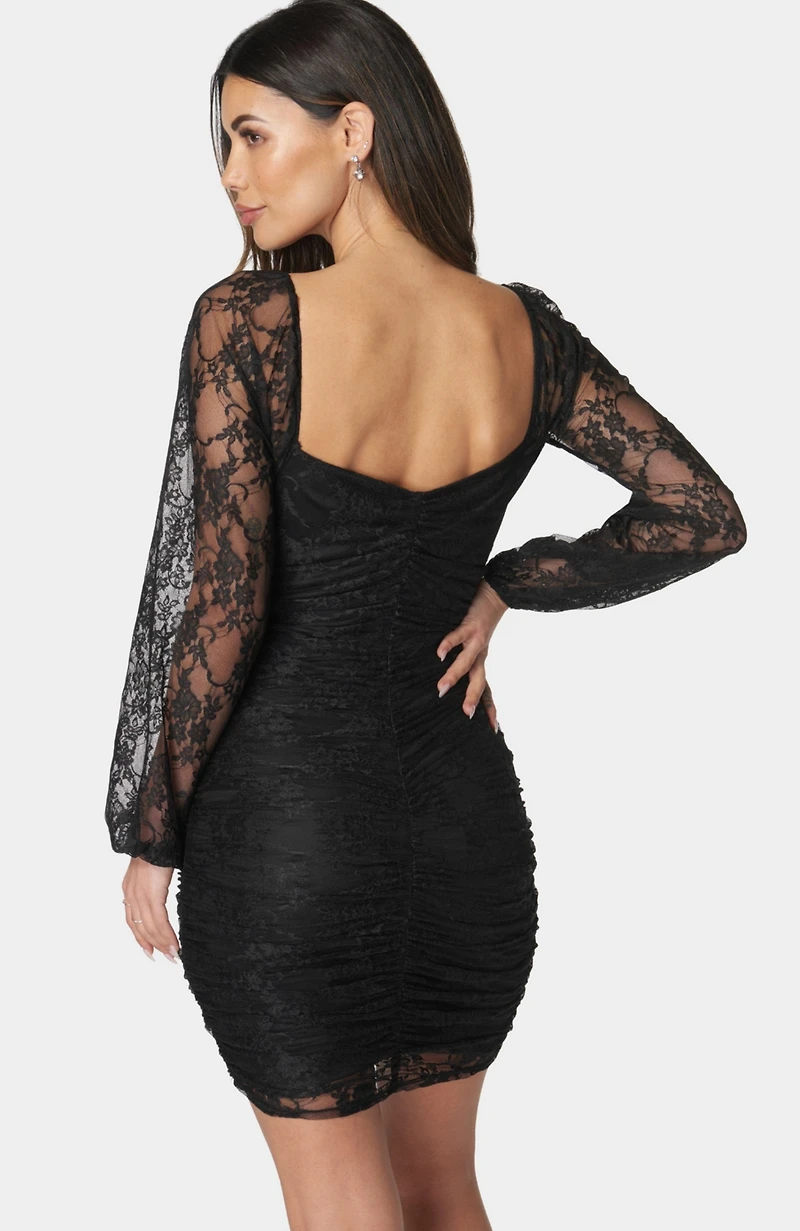 Bebe Women's Lace Square Neck Ruch Dress