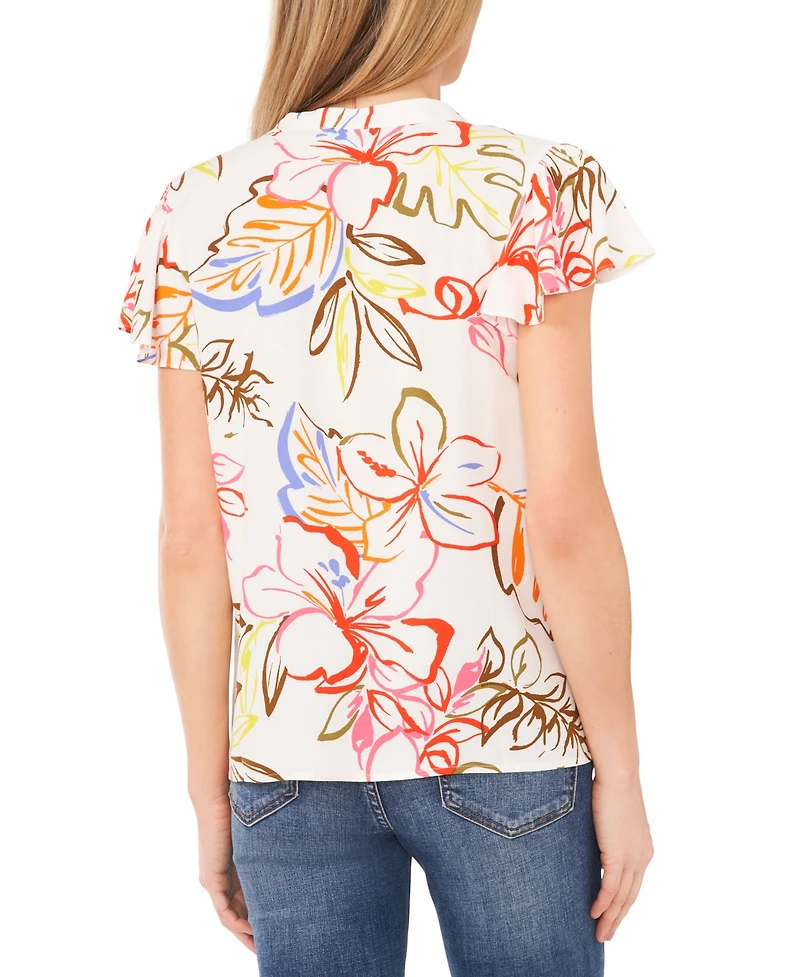 CeCe Women's Tropical-Print V-Neck Flutter Short-Sleeve Blouse