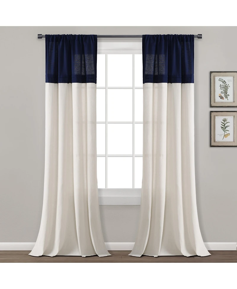 Lush Decor Farmhouse Faux Linen Colorblock Pleated Window Curtain Panels