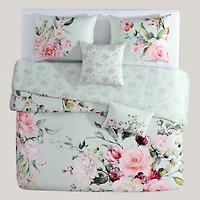 Bebejan Rose on Misty Green Bedding 200 Thread Count 100% Cotton Sateen 5 Piece Reversible King Comforter Set