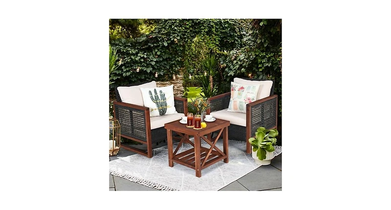 Slickblue 3 Pieces Patio Wicker Furniture Set with Washable Cushion and Acacia Wood Coffee Table