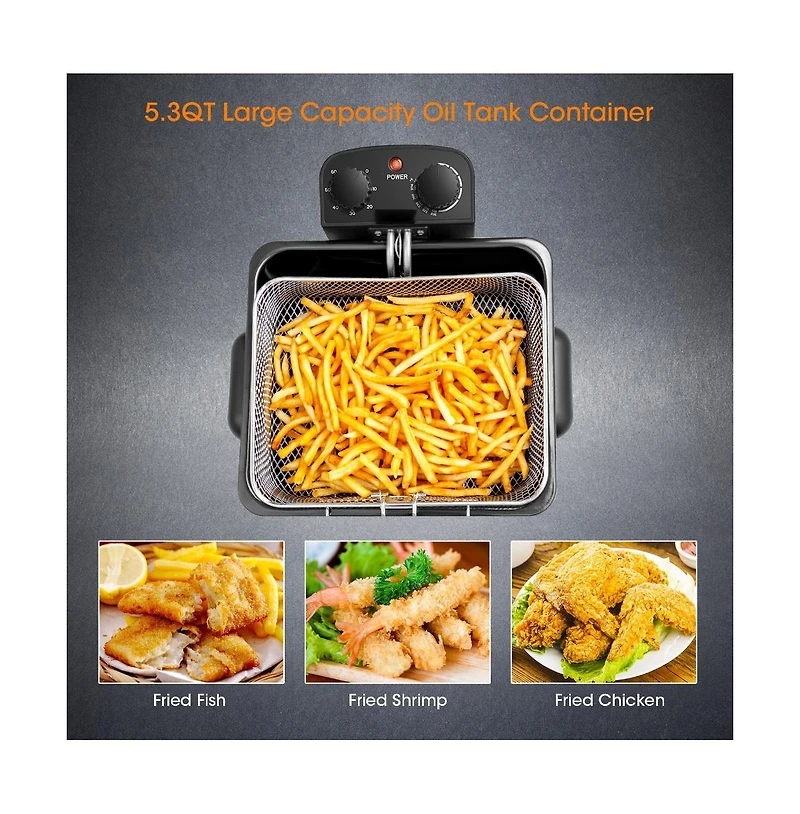 Slickblue Electric Deep Fryer 5.3QT/21-Cup Stainless Steel 1700W with Triple Basket