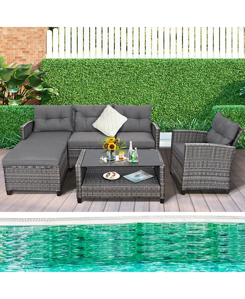 Slickblue 4 Pieces Patio Rattan Furniture Set with Cushion and Table Shelf