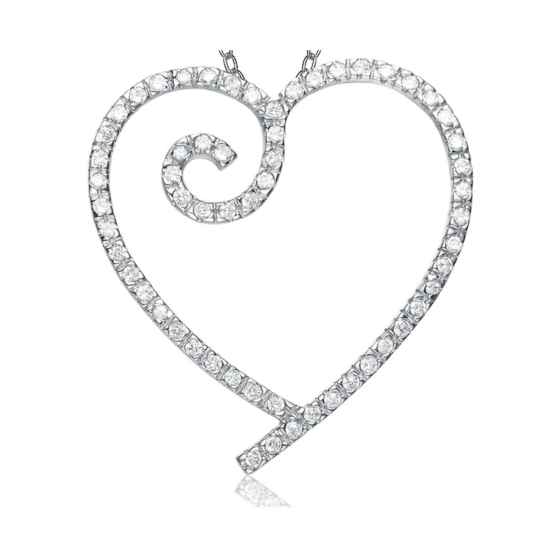 Genevive Sterling Silver White Gold Plated Cubic Zirconia Heart With Swirl Pendant