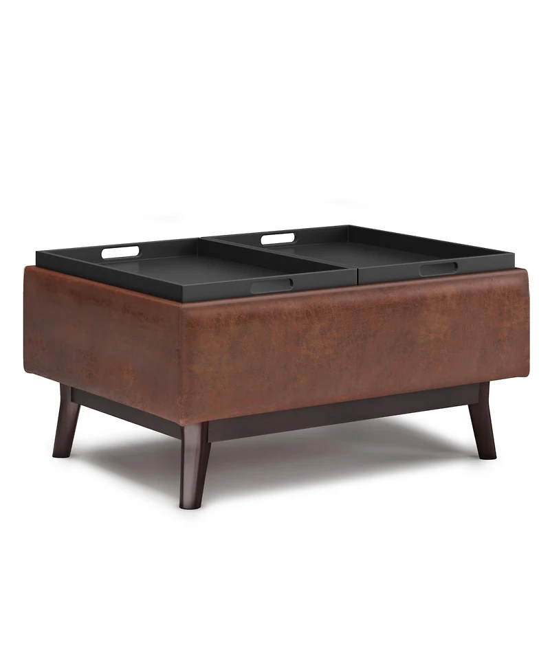 Simpli Home Owen Tray Top Small Coffee Table Storage Ottoman in Distressed Saddle Brown Pu Leather