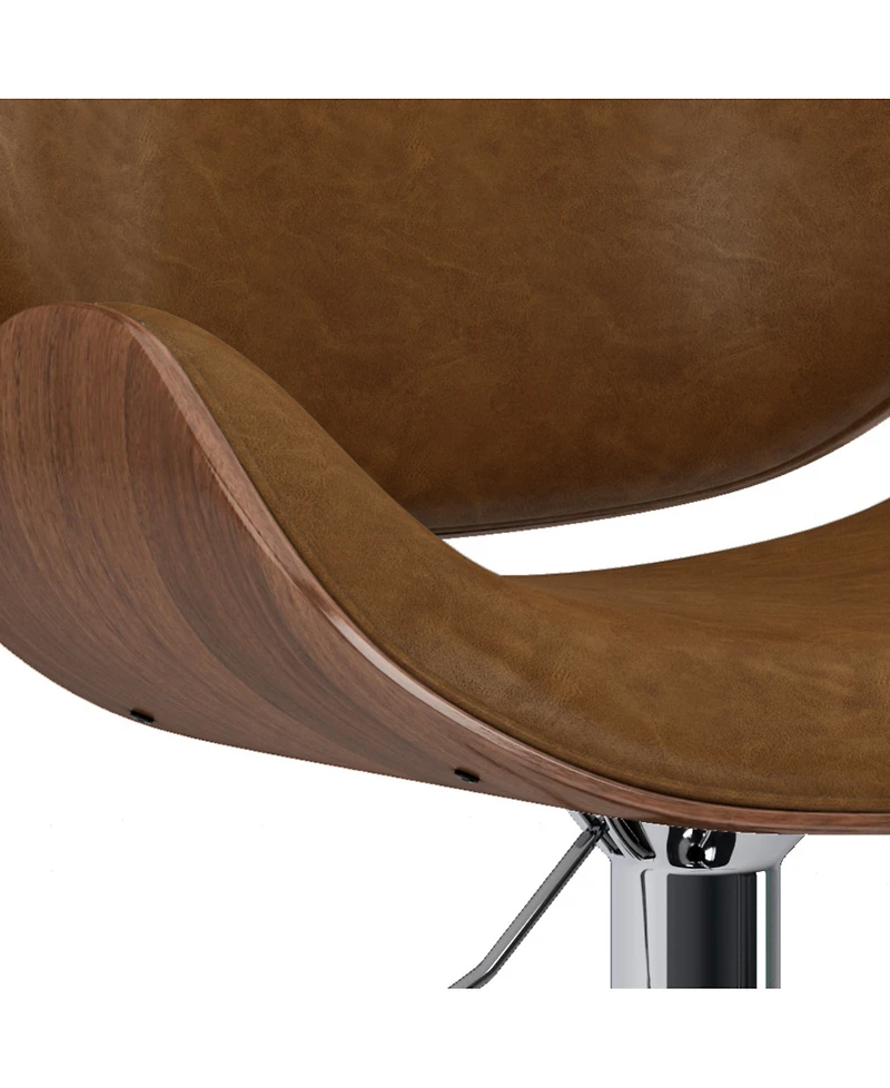 Simpli Home Marana Bentwood Adjustable Swivel Bar Stool in Deep Tan Pu Leather