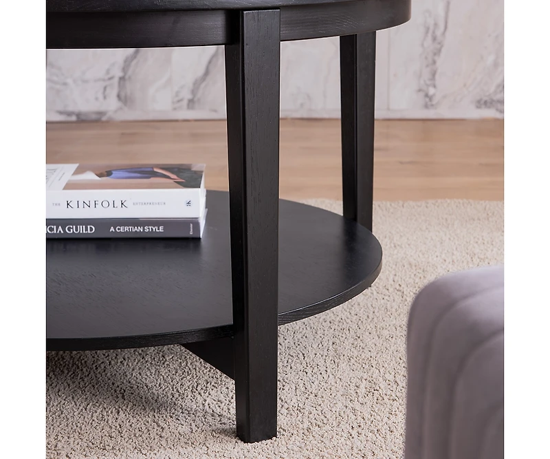 Streamdale Round glass top solid wood storage coffee table, black