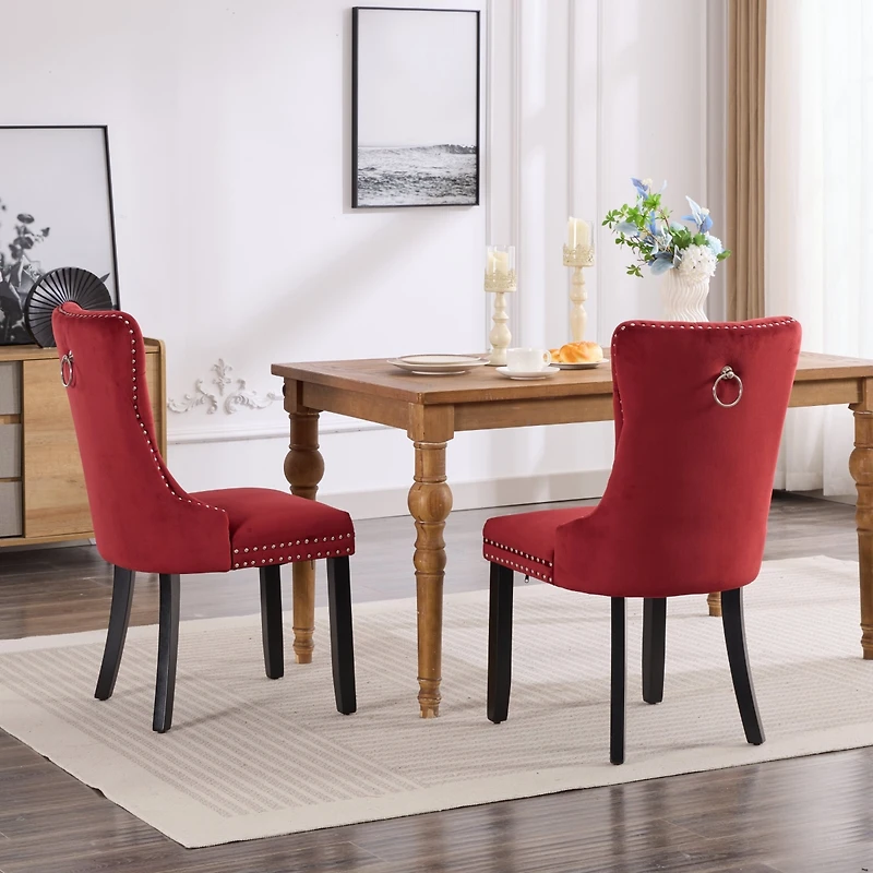 Classic Velvet Dining Chairs, High-end Tufted Solid Wood Contemporary Velvet Upholstered Dining Chair with Wood Legs Nailhead, Set Of 2,Burgundy, Wine