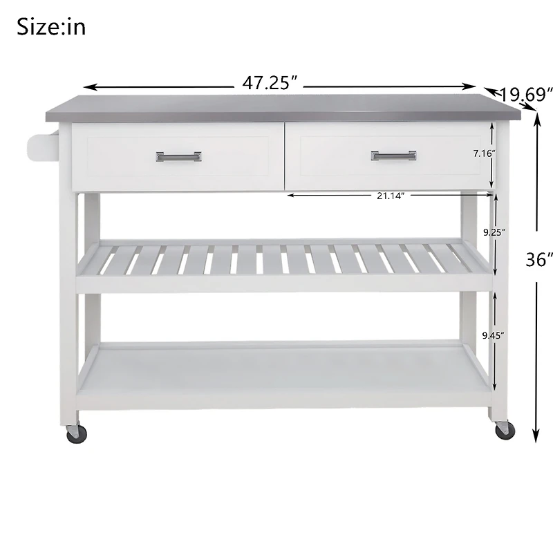 Streamdale Stainless Steel Table Top White Kicthen Cart With Two Drawers
