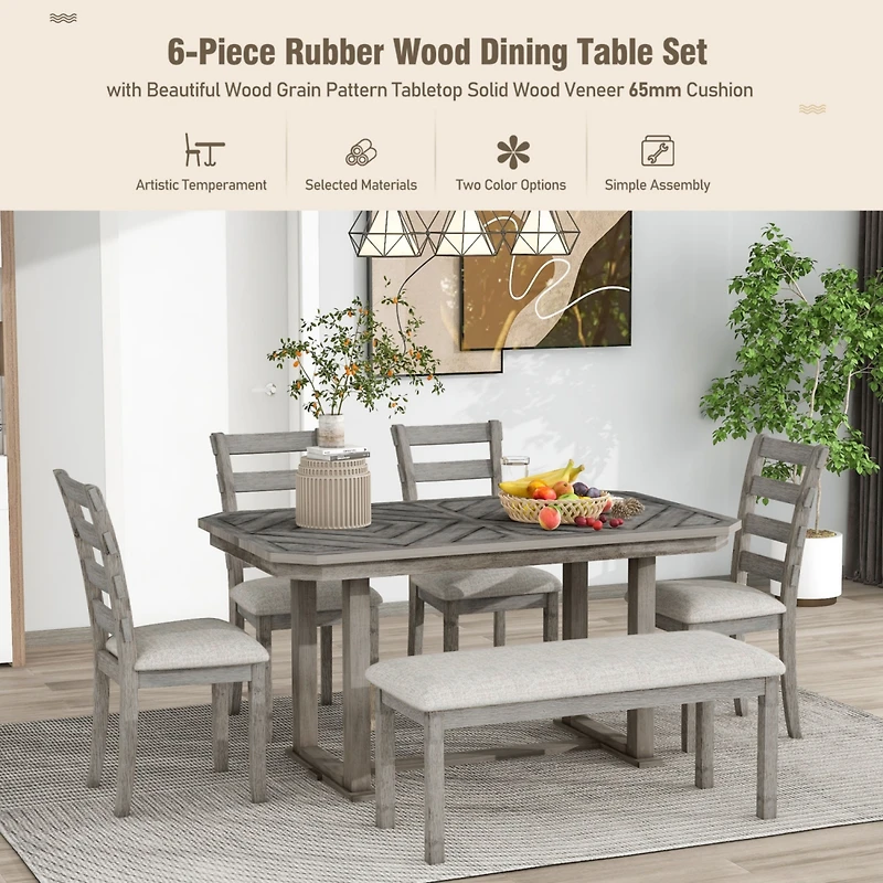 Simplie Fun 6-Piece Rubberwood Dining Table Set With Beautiful Wood Grain Pattern Table Top Solid Wood