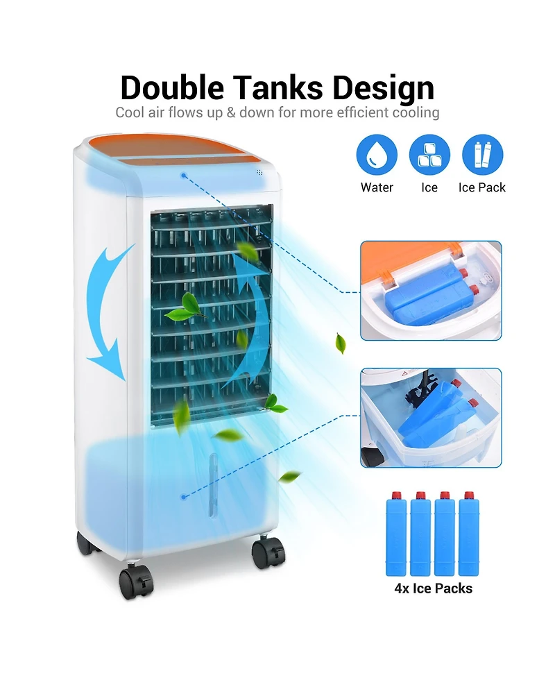 Yescom Evaporative Air Cooler 65W Portable Cooling Fan with Humidifier 3 Speeds & 12H Timer Remote Control 2 Water Tanks & 4 Ice Packs for Home Bedroo