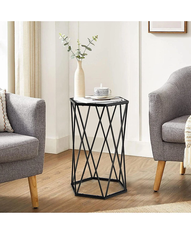Slickblue Hexagonal Accent End Table with Tempered Glass Top and Metal Frame