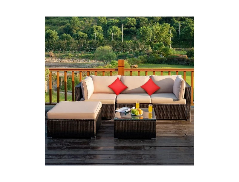 Slickblue 5 Pieces Outdoor Patio Rattan Furniture Set Sectional Conversation with Cushions