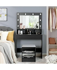Slickblue Vanity Table Set with Lighted Mirror and Cushion Stool-Black