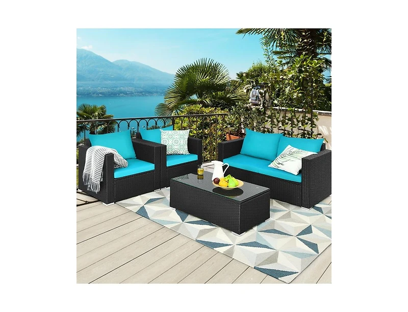 Slickblue 4 Pieces Patio Rattan Conversation Set with Padded Cushion and Tempered Glass Coffee Table