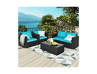 Slickblue 4 Pieces Patio Rattan Conversation Set with Padded Cushion and Tempered Glass Coffee Table