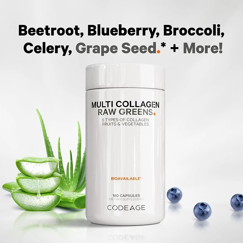 Codeage Multi Collagen Protein + Organic Raw Greens Superfood Capsules Supplement, 21 Fruits & Veggies, Grass-Fed Hydrolyzed Collagen Peptides, 5 Type