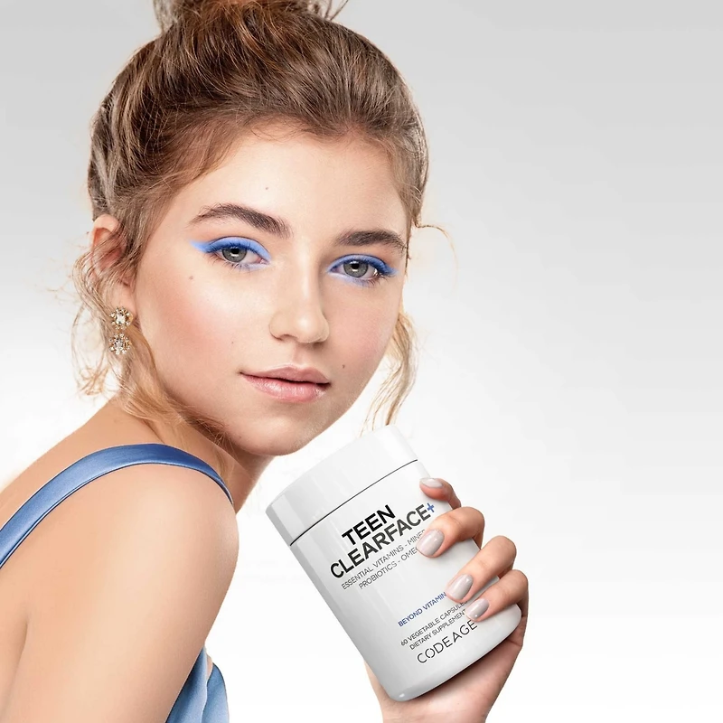 Codeage Teen Clearface Adolescent Face, Skin & Pimples, Vitamins A, C, D3, E, Pantothenic Acid, Niacin, Zinc Supplement Teenagers, Probiotics, L-Lysin