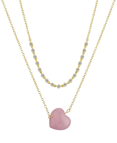 Unwritten Cubic Zirconia Rose Quartz Heart Layered 2-Piece Necklace Set
