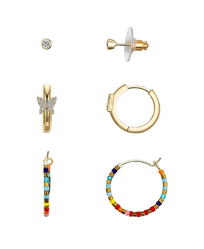 Unwritten Cubic Zirconia Butterfly and Multi Color Beaded Hoop Stud Earring Set